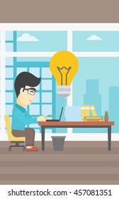 An asian young businessman working on laptop in office and idea bulb above the table. Successful business idea concept. Vector flat design illustration. Vertical layout.