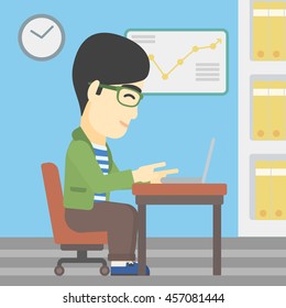 An asian young businessman working on his laptop. Business technology concept. Vector flat design illustration. Square layout.