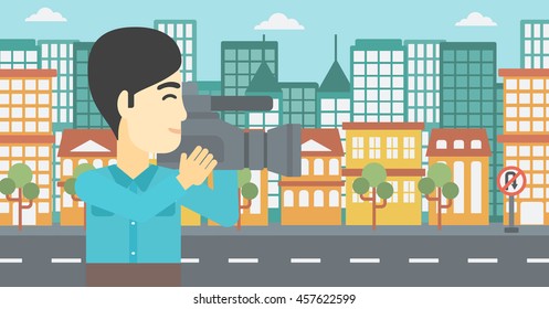 An asian young cameraman looking through movie camera. Man with professional video camera in the city. Cameraman shooting outdoor. Vector flat design illustration. Horizontal layout.