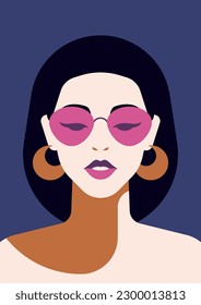 Asian young fashion woman pop art color minimalist portrait for poster t shirt print vector flat illustration. Japanese female head in sunglasses contemporary summer lifestyle vogue beauty model face