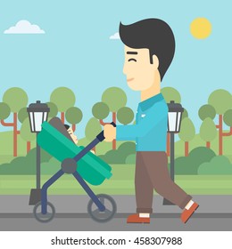An asian young father walking with baby stroller in the park. Father walking with his baby in stroller. Father pushing baby stroller. Vector flat design illustration. Square layout.