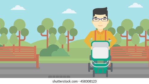 An asian young father walking with baby stroller in the park. Father walking with his baby in stroller. Father pushing baby stroller. Vector flat design illustration. Horizontal layout.