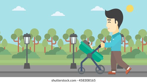 An asian young father walking with baby stroller in the park. Father walking with his baby in stroller. Father pushing baby stroller. Vector flat design illustration. Horizontal layout.