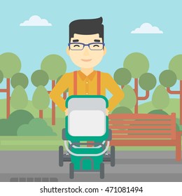 An asian young father walking with baby stroller in the park. Father walking with his baby in stroller. Father pushing baby stroller. Vector flat design illustration. Square layout.