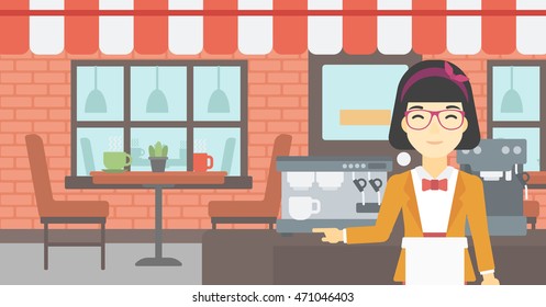 An asian  young female barista sanding in front of coffee machine. Barista at coffee shop. Professional barista making a cup of coffee. Vector flat design illustration. Horizontal layout.