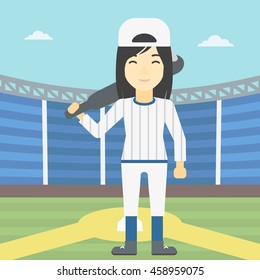 An asian young female baseball player standing on a baseball stadium. Female professional baseball player holding a bat on baseball field. Vector flat design illustration. Square layout.