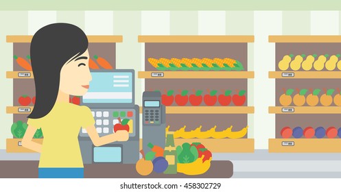 An asian young female cashier standing at the checkout at the supermarket. Female cashier working at checkout at the supermarket. Vector flat design illustration. Horizontal layout.