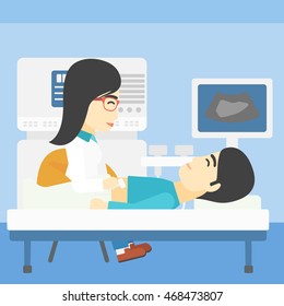 An asian young female doctor examining internal organs of a male patient on ultrasound. Doctor working on modern ultrasound equipment at medical office. Vector flat design illustration. Square layout.