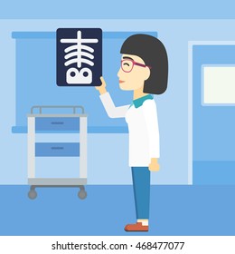 An asian young female doctor examining a radiograph. Doctor looking at a chest radiograph in the medical office. Doctor observing a skeleton radiograph. Vector flat design illustration. Square layout.