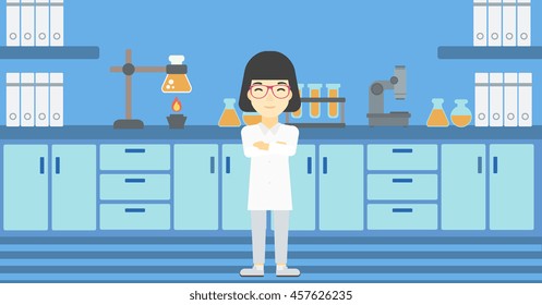 An asian young female laboratory assistant standing on the background of laboratory vector flat design illustration. Horizontal layout.