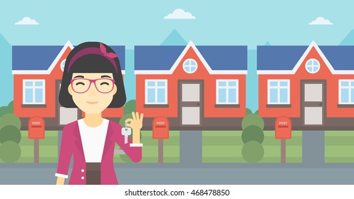 An Asian Young Female Real Estate Agent Holding Key. Woman With Keys Standing In Front Of The House. Happy New Owner Of A House. Vector Flat Design Illustration. Horizontal Layout.