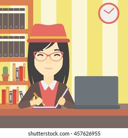 An asian young female student sitting at the desk with laptop. Student using laptop at home and writing notes. Student working on laptop. Vector flat design illustration. Square layout.