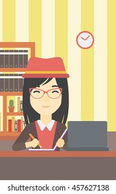 An asian young female student sitting at the desk with laptop. Student using laptop at home and writing notes. Student working on laptop. Vector flat design illustration. Vertical layout.