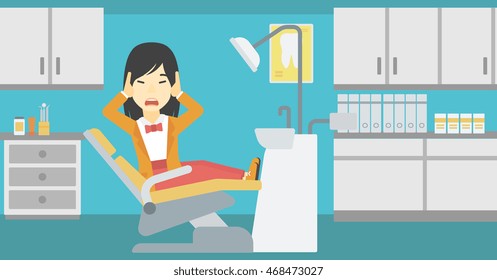 An asian young frightened patient at dentist office. Scared young woman in dental clinic. Afraid woman sitting in dental chair. Vector flat design illustration. Horizontal layout.