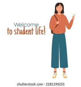 Asian young girl in casual clothes. Student concept character. Welcome to student life quote. Vector illustration in a flat style. Character illustration for presentations, cards, banners and other