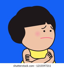 Asian Young Girl With Her Worried Confusing Uncertainty Facial Expression Concept Card Character illustration
