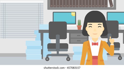 An asian young happy business woman standing in the office and pointing up with her forefinger. Business idea concept. Vector flat design illustration. Horizontal layout.