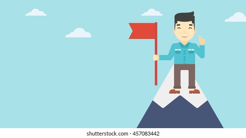 An asian  young happy businessman holding a red flag on the top of the mountain. Successful business concept. Vector flat design illustration. Horizontal layout.