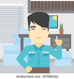 An asian young happy businessman standing in the office and pointing up with his forefinger. Business idea concept. Vector flat design illustration. Square layout.