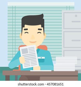 An asian young human resources manager reading application portfolios in the office. Concept of recruitment of staff, job interview. Vector flat design illustration. Square layout.