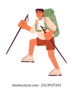 Asian young male hiker climber with trekking poles semi flat colorful vector character. Guy with walking sticks. Editable full body person on white. Simple cartoon spot illustration for graphic design