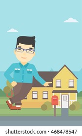 An asian young male real estate agent standing near the house. Real estate agent leaning on the house. Real estate agent offering house. Vector flat design illustration. Vertical layout.