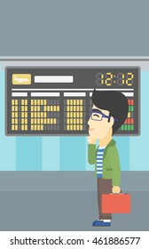 An asian young man with a briefcase looking at departure board at the airport. Passenger standing at the airport in front of departure board. Vector flat design illustration. Vertical layout.