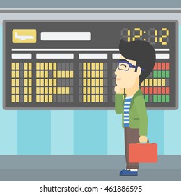 An asian young man with a briefcase looking at departure board at the airport. Passenger standing at the airport in front of departure board. Vector flat design illustration. Square layout.