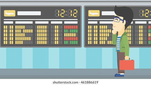 Un joven asiático con una cartera de documentos mirando el embarque en el aeropuerto. Pasajero de pie en el aeropuerto frente a la salida. Ilustración de diseño plana vectorial. Diseño horizontal.