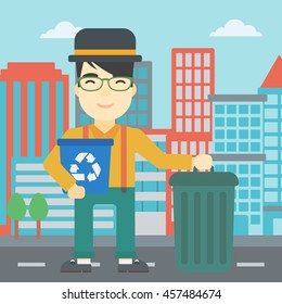 An asian young man carrying recycling bin. Man with recycling bin standing near a trash can on a city background. Vector flat design illustration. Square layout.