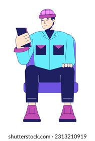 Asian young man checking phone flat vector cartoon character. Text messaging. Editorial, magazine spot illustration. Full body person isolated on white. Editable 2D simple drawing, graphic design