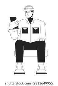 Asian young man checking phone line art vector cartoon character. Editorial, magazine spot illustration black and white. Full body outline person isolated on white. Editable 2D simple drawing