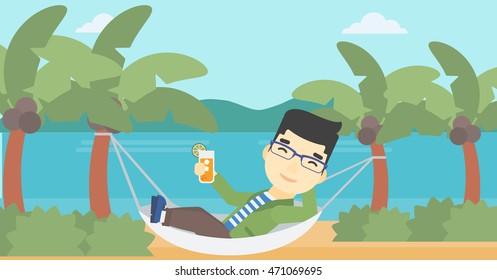An asian young man chilling in hammock on the beach with a cocktail in a hand. Vector flat design illustration. Horizontal layout.