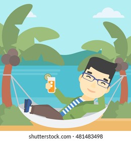 An asian young man chilling in hammock on the beach with a cocktail in a hand. Vector flat design illustration. Square layout.