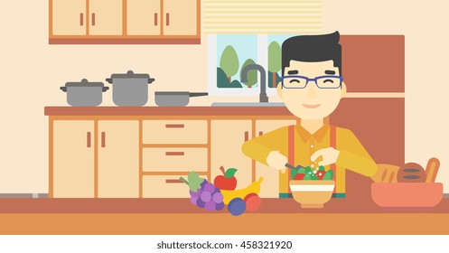 An asian young man cooking vegetable salad on the background of kitchen. Smiling man adding spices in salad. Vector flat design illustration. Horizontal layout.