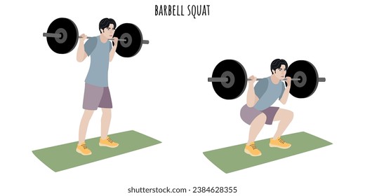 Asian young man doing barbell squat exercise. Sport, wellness, workout, fitness. Flat vector illustration