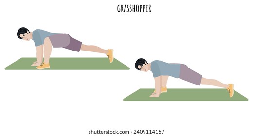 Joven asiático haciendo ejercicio de saltamontes. Deportes, wellness, entrenamiento, fitness. Ilustración vectorial plana