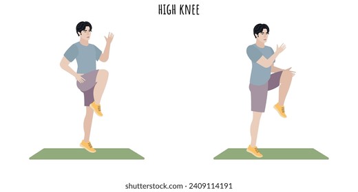 Asian young man doing high knee exercise. Sport, wellness, workout, fitness. Flat vector illustration