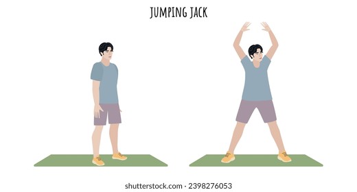 Asian young man doing jumping jack exercise. Sport, wellness, workout, fitness. Flat vector illustration