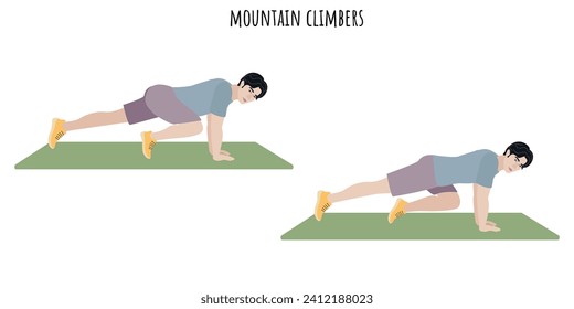 Asian young man doing mountain climbers exercise. Sport, wellness, workout, fitness. Flat vector illustration