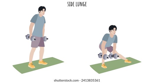 Asian young man doing side lunge exercise. Sport, wellness, workout, fitness. Flat vector illustration