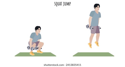 Asian young man doing squat jump exercise. Sport, wellness, workout, fitness. Flat vector illustration