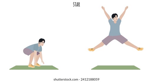Asian young man doing star exercise. Sport, wellness, workout, fitness. Flat vector illustration