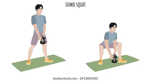 Asian young man doing sumo squat exercise. Sport, wellness, workout, fitness. Flat vector illustration