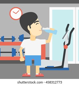 An asian young man drinking water. Sportive man with bottle of water in the gym. Sportsman drinking water from the bottle. Vector flat design illustration. Square layout.