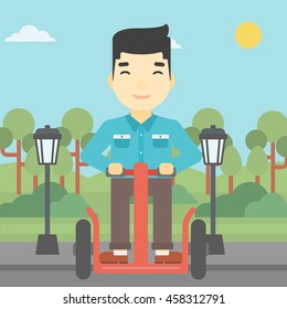 An asian young man driving electric scooter. Man on self-balancing electric scooter with two wheels. Man on electric scooter in the park. Vector flat design illustration. Square layout.