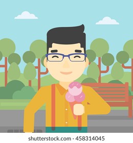An asian young man eating a big ice cream. Happy man holding an ice cream in hand. Man enjoying an ice cream at park. Vector flat design illustration. Square layout.