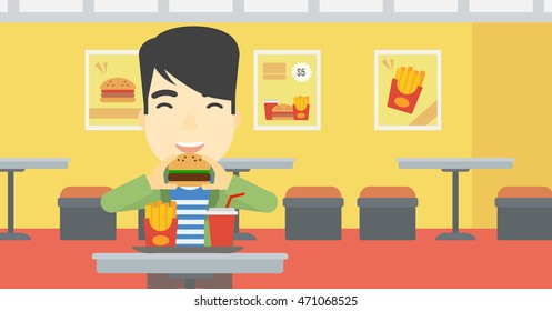 An asian young man eating hamburger. Happy man with eyes closed biting hamburger. Man is about to eat delicious hamburger in the cafe. Vector flat design illustration. Horizontal layout.