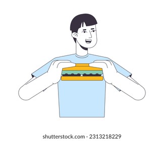 Asian young man eating sandwich flat line vector spot illustration. Guy having lunch 2D cartoon outline character on white for web UI design. Brunch food editable isolated colorful hero image