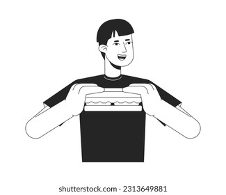 Asian young man eating sandwich bw vector spot illustration. Guy having lunch 2D cartoon flat line monochromatic character for web UI design. Brunch food editable isolated outline hero image